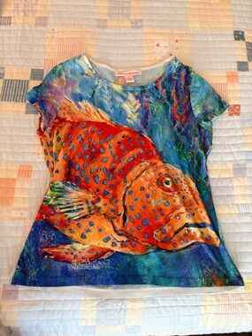 Artist Fish Print Pet Fish T-Shirt - Orange & Blue
